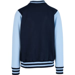A navy and light blue men's varsity jacket featuring a striped ribbed collar and cuffs, with a logo on the front.
