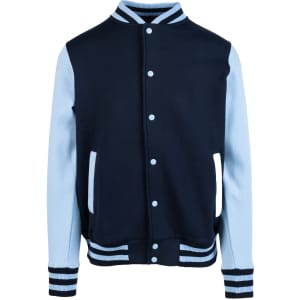 A navy and light blue men's varsity jacket featuring a button-up front and striped cuffs. It has a logo on the chest.
