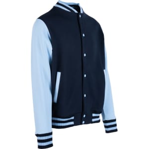 Men's varsity jacket in navy and light blue, featuring a logo and striped ribbing on the cuffs and hem.