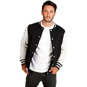 A men's varsity jacket in black with white sleeves, featuring a striped collar and a logo.