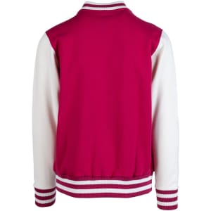 A men's varsity jacket in maroon and white with striped ribbed cuffs and a solid back.