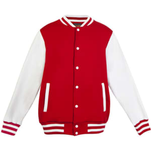 A red and white men's varsity jacket featuring a two-tone design and a button-up front.