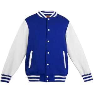 A mens varsity jacket featuring a blue body and white sleeves, with striped ribbing and front pockets.