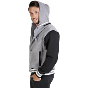 A grey and black men's varsity jacket with a hood, featuring a logo and striped cuffs.