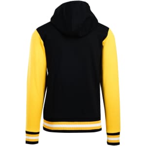 A men's varsity jacket in black and yellow, featuring a hood and striped cuffs, with a branding logo.