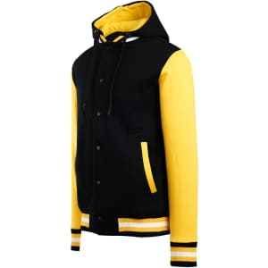 Men's varsity jacket and hood in black and yellow, featuring a hood, front pockets, and striped cuffs.