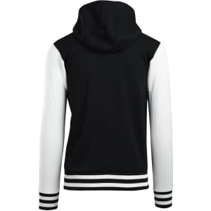 Men's varsity jacket and hood in black with white sleeves and striped cuffs. Features a hood and a logo.