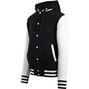 Men's varsity jacket and hood in black with white sleeves and striped cuffs. Features a hood and buttons.