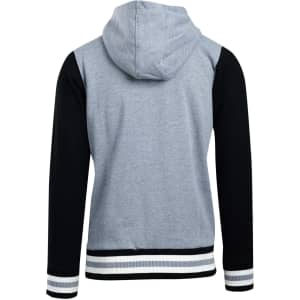 A grey and black men's varsity jacket with a hood, featuring striped cuffs and a logo.