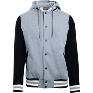 A grey varsity jacket with a hood, featuring black sleeves and striped cuffs. The jacket has a logo.