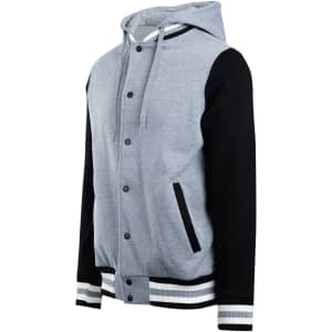 A grey and black men's varsity jacket with a hood, featuring a front button closure and striped cuffs.