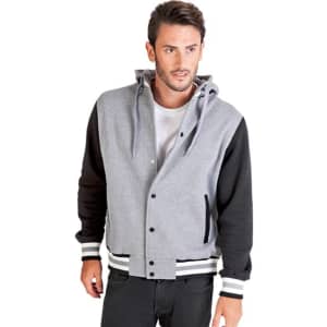 A men's varsity jacket and hood featuring a grey body and black sleeves, with a logo on the front.