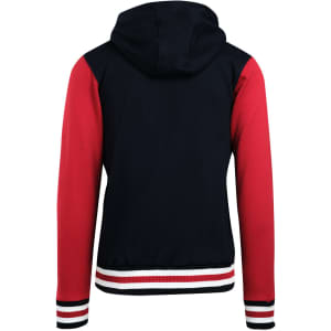 A men's varsity jacket with a navy body and red sleeves, featuring a hood and striped cuffs.