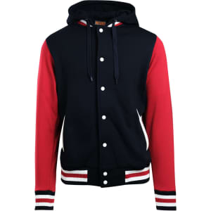 Men's varsity jacket featuring a navy body and red sleeves with a hood. It has a logo and contrasting striped cuffs.