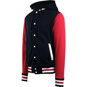 A men's varsity jacket in navy blue and red, featuring a hood, white buttons, and striped cuffs.
