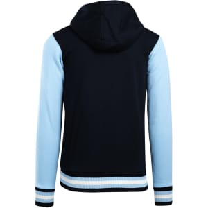 A men's varsity jacket in navy with light blue sleeves, featuring a hood and ribbed cuffs. There is a logo on the jacket.
