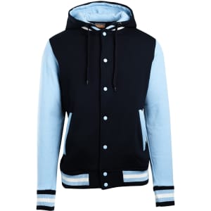 Men's varsity jacket and hood in black and light blue, featuring a logo and front pocket.