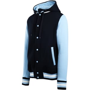 Men's varsity jacket in black and light blue, featuring a hood, buttons, and a logo.