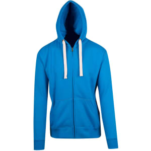 A blue zip fleece hoodie with a hood, featuring a front zipper and contrasting drawstring. It has a logo on the chest.