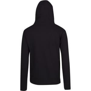 A black men's brushed heavy zip fleece hoodie with a hood and long sleeves, featuring a logo on the back.