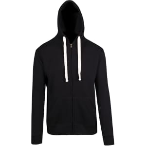 A black men's brushed heavy zip fleece hoodie with white drawstrings and a front pouch pocket.
