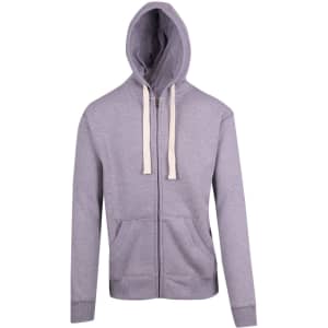 A grey brushed heavy zip fleece hoodie with a front zipper and two pockets, featuring a hood and contrasting drawstrings.
