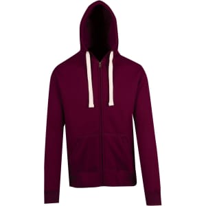 A maroon zip fleece hoodie with a hood, featuring cream drawstrings and a front pocket. It has a logo on it.