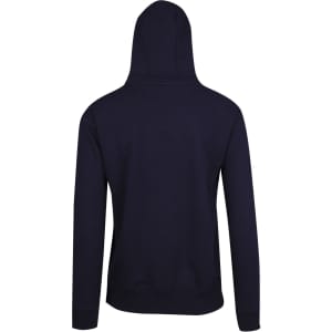 A navy blue men's brushed heavy zip fleece hoodie with a hood and ribbed cuffs. It has a logo on the back.