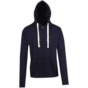 A navy blue brushed heavy zip fleece hoodie with a front zip, hood, and drawstrings. It has a logo on it.