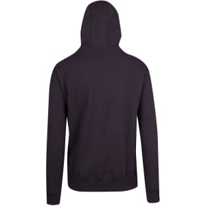 A black men's brushed heavy zip fleece hoodie with a hood and ribbed cuffs and hem. Features a logo on the back.