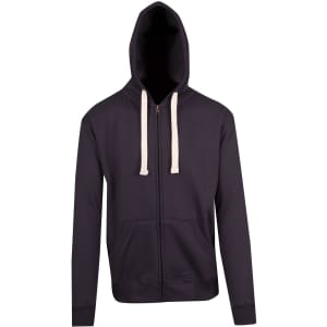 A men's brushed heavy zip fleece hoodie in dark grey with a hood and contrasting drawstrings.