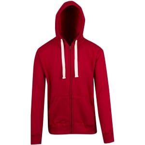 A red brushed heavy zip fleece hoodie featuring a front zip, two pockets, and a hood with drawstrings.