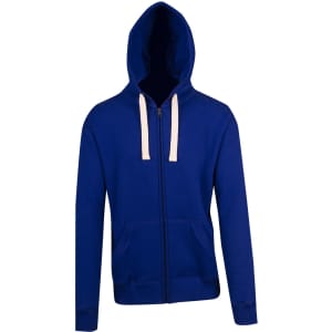 A blue brushed heavy zip fleece hoodie with a hood and drawstrings, featuring a front pocket and a logo.