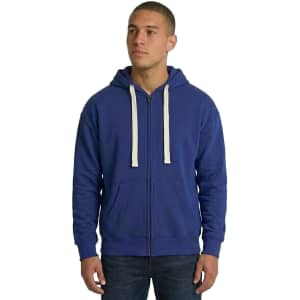 A navy blue and maroon zip fleece hoodie displayed on models, featuring a logo and string detailing.