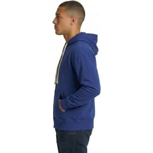 A black men's brushed heavy zip fleece hoodie with a front zip and drawstring hood, featuring a logo.