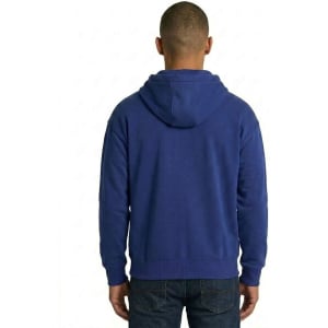 A black brushed heavy zip fleece hoodie with a front pocket and drawstring hood, worn by a model.