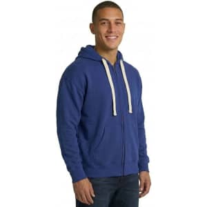 A black men's fleece hoodie with a zip, featuring a hood and a back view of a model wearing it.