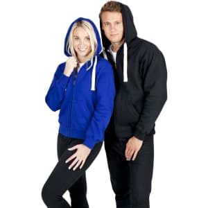A blue and black brushed heavy zip fleece hoodie with two models wearing them, one male and one female.