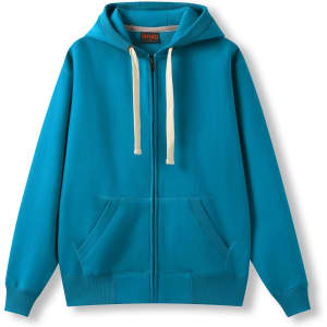 A blue zip fleece hoodie with a hood and cream-coloured drawstrings, featuring a front pocket and logo.