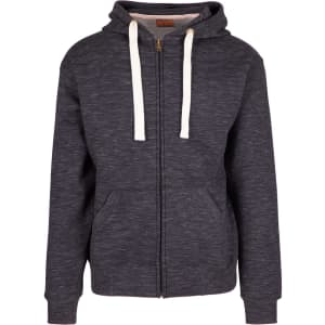 A black brushed heavy zip fleece hoodie featuring a front zipper, drawstring hood, and side pockets.