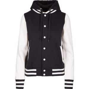 A women's varsity jacket in black with white sleeves and a hood, featuring a button front and striped cuffs.