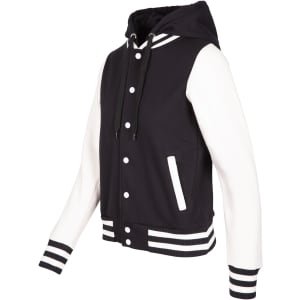 A women's varsity jacket and hood in black and white, featuring a logo and striped cuffs.