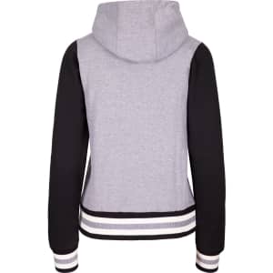 A women's varsity jacket with a grey body and black sleeves, featuring a hood and striped ribbed hem.