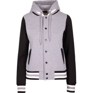A women's varsity jacket in grey with black sleeves and a hood, featuring buttons and side pockets.