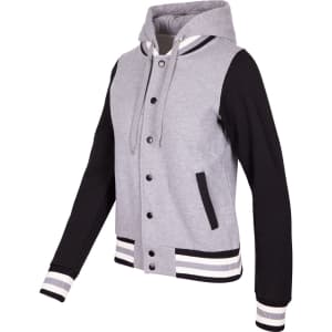 A women's varsity jacket and hood featuring grey and black colours with contrasting striped detailing.
