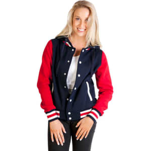 A women's varsity jacket and hood in navy and red, featuring a logo and ribbed cuffs.