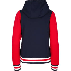 A women's varsity jacket featuring a navy body, red sleeves, and a hood, with a striped ribbed hem.