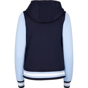 A women's varsity jacket featuring a navy back with light blue sleeves and a hood. It includes a ribbed hem.
