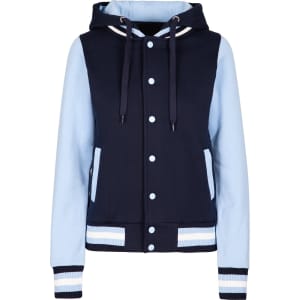 A women's varsity jacket in navy and light blue, featuring a hood, buttons, and striped cuffs.