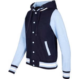 A women's varsity jacket in navy blue and light blue, featuring a hood and striped ribbed details.